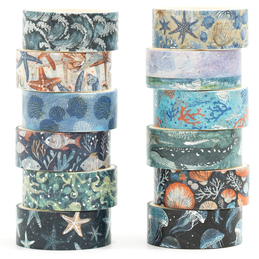 12 Rolls Charming Washi Tape Set Gold Silver Foil Detailing Arts Adhesive Tapes Basic Patterns Decorative Masking Tape Sets for Craft, Kids, Scrapbook, DIY, Gift Wrapping (Oceanic Dreams)