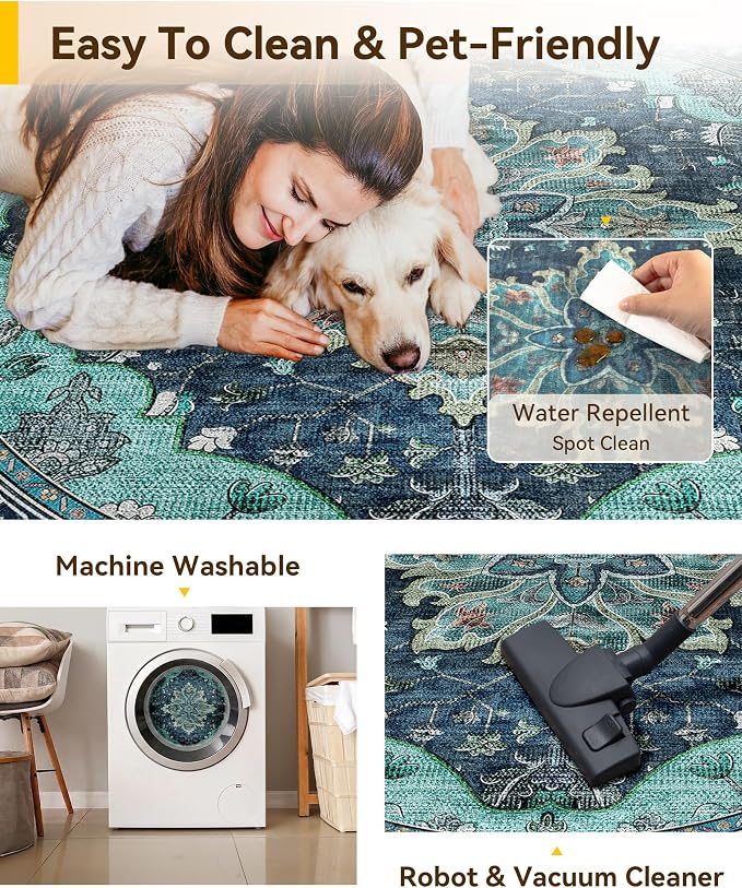 RELEANY Area Rugs Round 6ft Washable Non-Slip, Floral Vintage Distress Print - Image 5