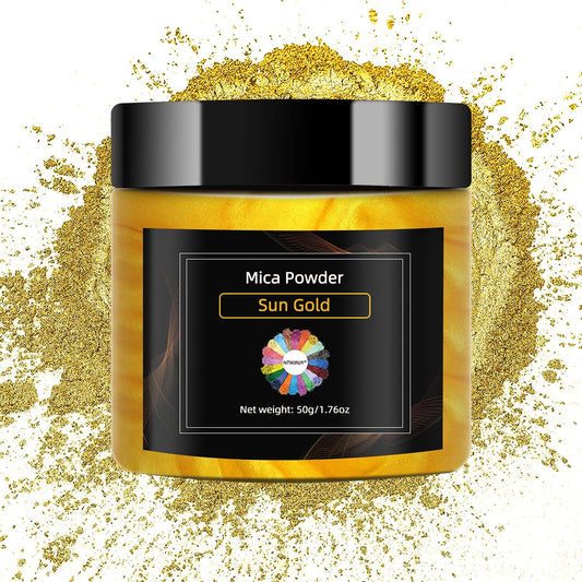 Sun Gold Mica Powder for Epoxy Resin，Natural Shimmer Mica Powder Used for Coloring Resin Artwork, car Spray Paint, Candles, soap, Eye Shadow, Lip Gloss, Nail Polish(50g/1.7oz)