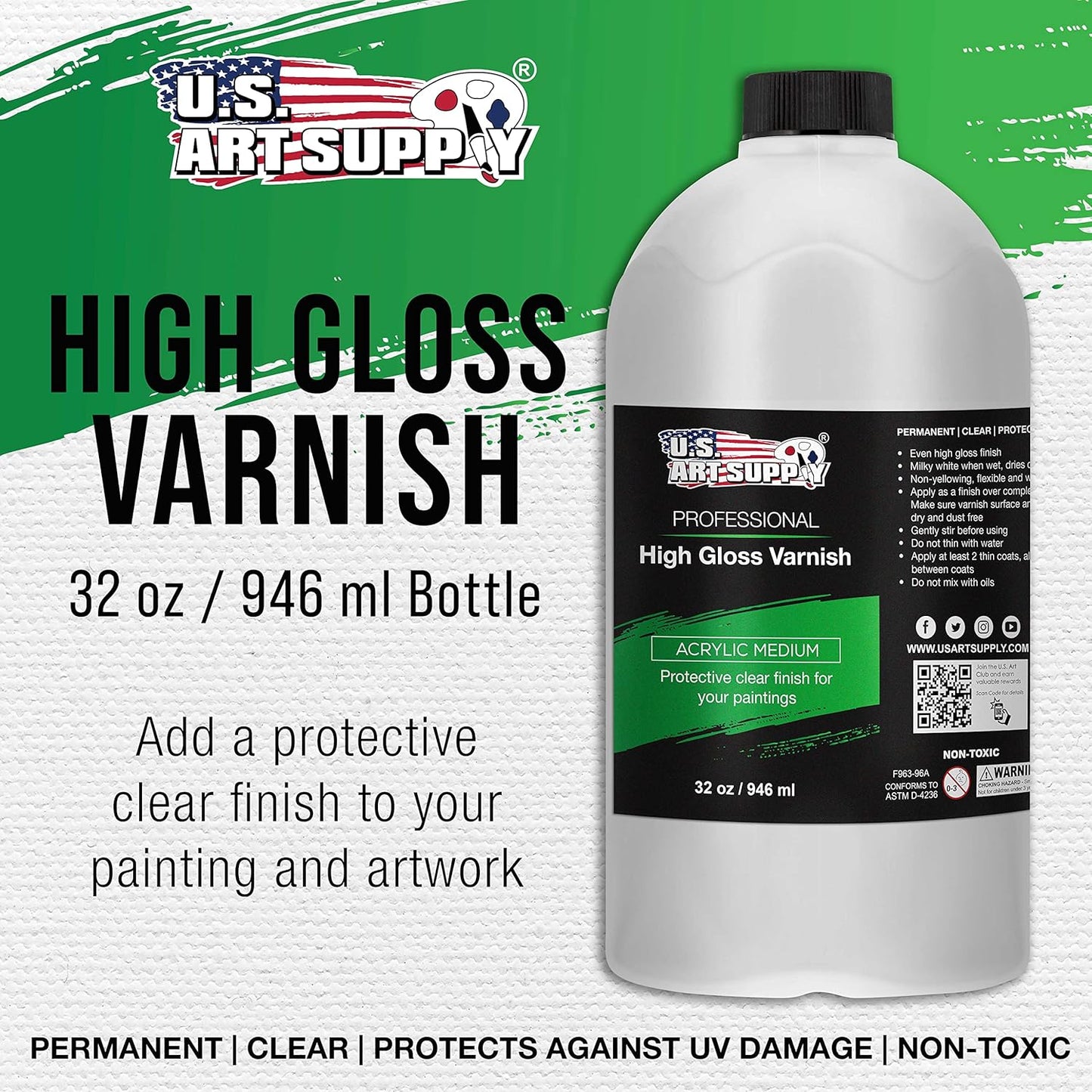 U.S. Art Supply 32 oz High Gloss Varnish for Acrylic Paintings - Clear Protective Finish with UV Protection