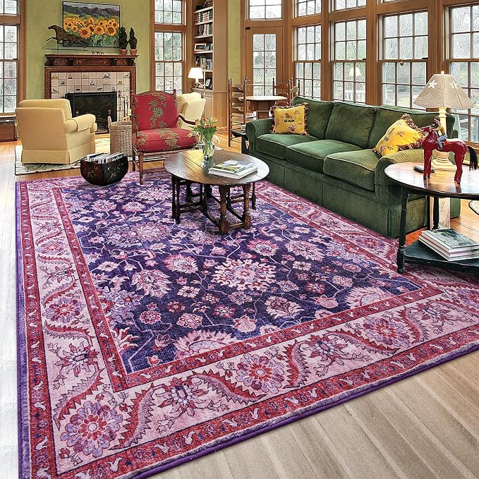 Area Rugs for Living Room, 6x9 Washable Area Rug for Bedroom, Retro Floral by Rtizon