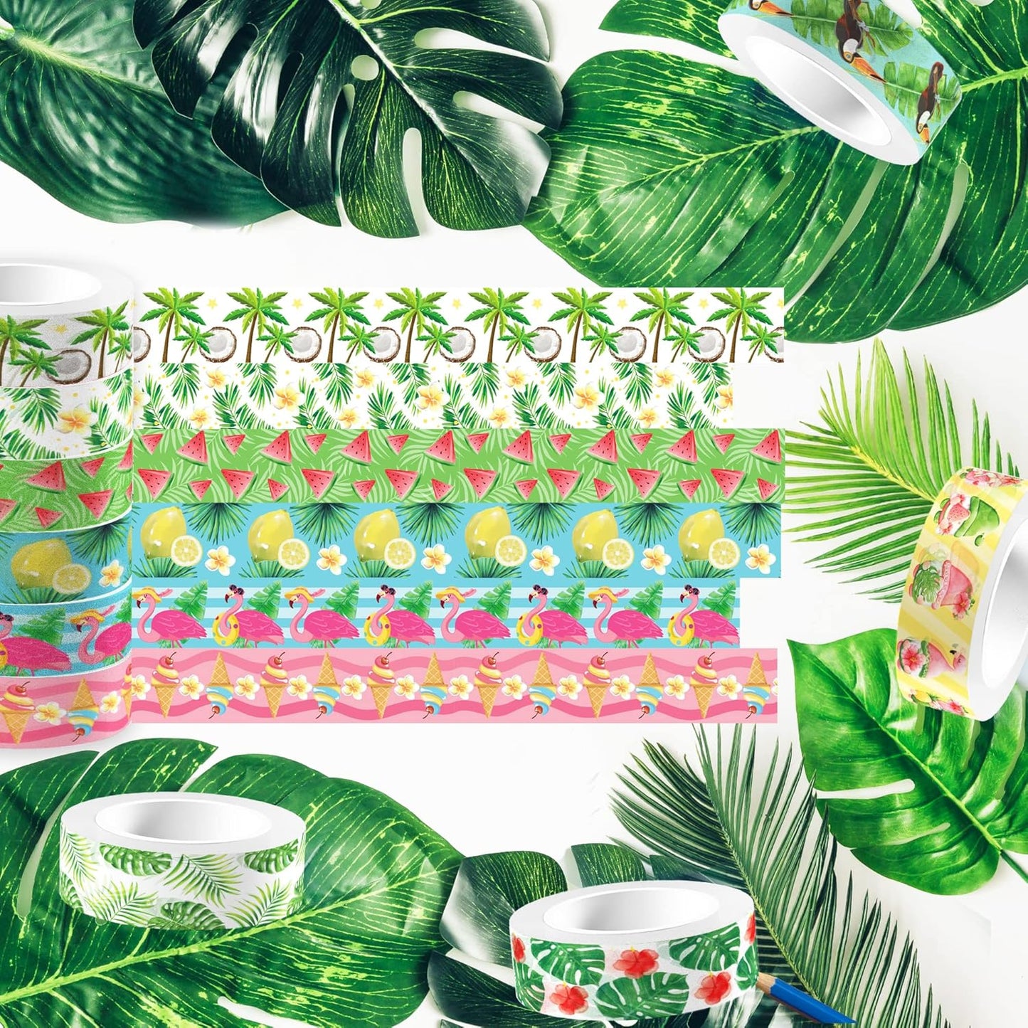 Summer Washi Tape 12 Rolls Aloha Masking Tape Hawaiian Theme Decorative Paper Stickers Flamingo Lemon Watermelon Tape Sticker,for DIY Crafts and Scrapbooking