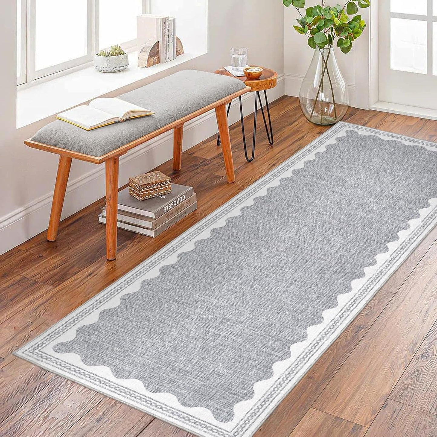 Scalloped Rug 2x6 Runners for Hallways, Solid Grey Runner Rugs Non Slip Scalloped Bath Runner, Washable Rug for Bedroom Girls, Mat for Kitchen Floor Soft Dorm Nursery Carpet for Bedside