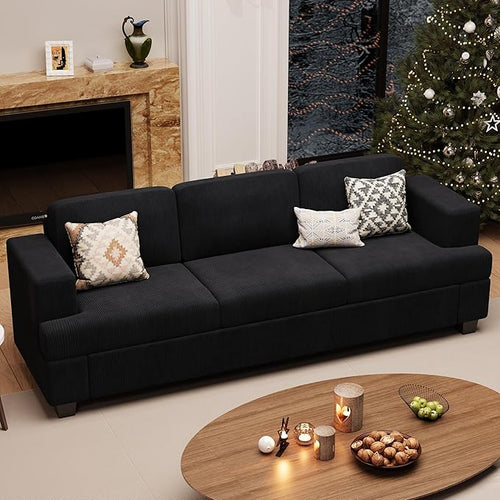 3 Seater Corduroy Couch for Living Room, 89” Black Cloud Sofa, Deep Seat Floor by YOUDENOVA