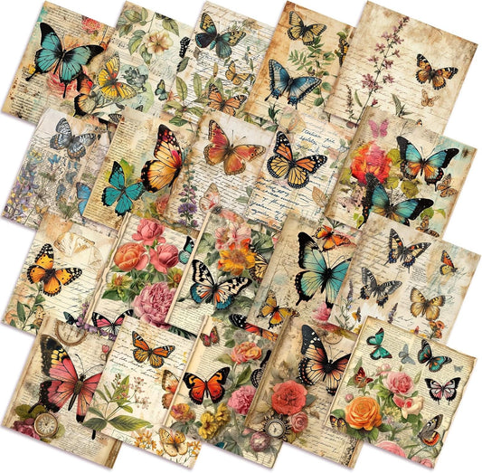 Ganeen 60 Pcs 10 x 10 Inch Vintage Butterfly Quilting Fabric Squares Summer Butterfly Fabric Bundle Retro Fat Patchwork Precut Stripes for Handmade Material Sewing DIY Crafts