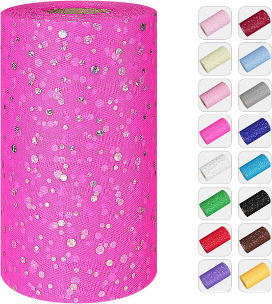 Glitter Tulle Rolls, 6' by 50 Yards (150FT) Sequin Tulle Netting Fabric for Tutu Skirts Sewing Birthday Wedding Party Decoration (Dark Pink)