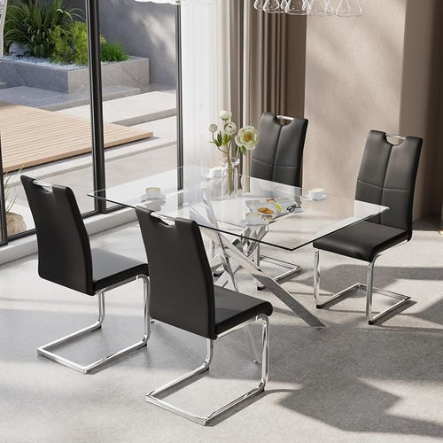 5-Piece Dining Table Set for 4, Modern Rectangular Glass Table by KATBOCFurniture