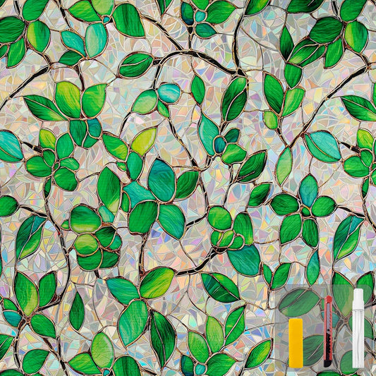 Window Privacy Film Stain Glass Window Film Rainbow Window Film Window clings Non-Adhesive Reusable Decorative for Room (Greenery Leaf, 35.4 x 157.4 in)