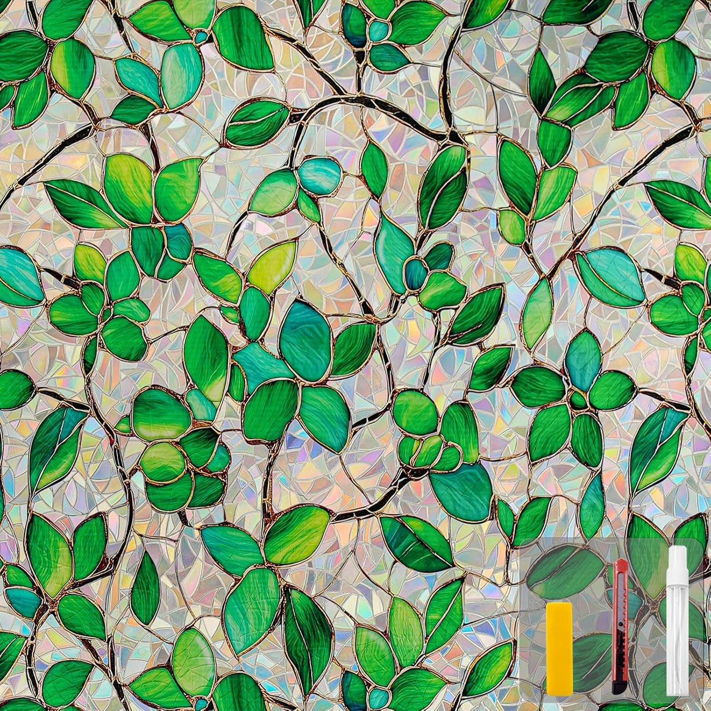 Window Privacy Film Stain Glass Window Film Rainbow Window Film Window clings Non-Adhesive Reusable Decorative for Room (Greenery Leaf, 35.4 x 78.7 in)