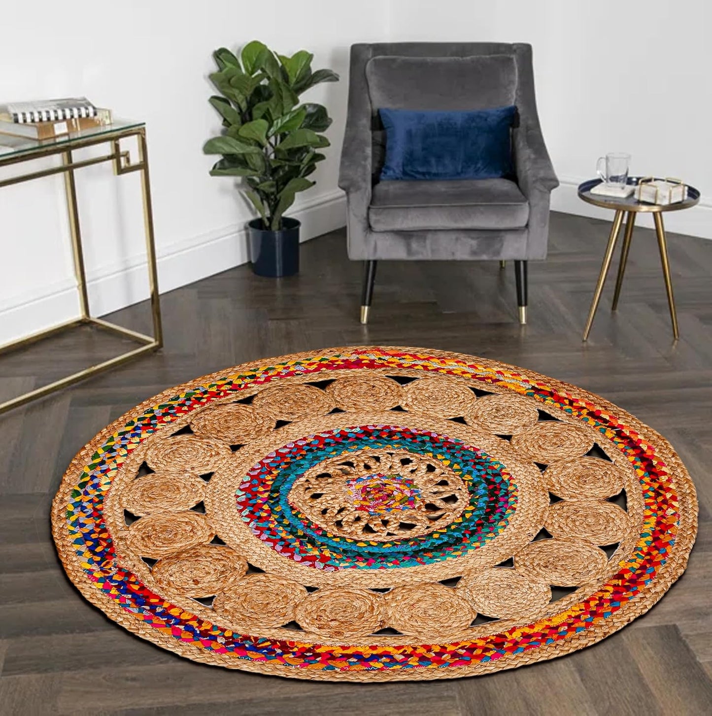 6' Round Handwoven Jute Chindi Area Rug - Colorful Boho Rugs for Living Room - Hand Braided Multicolor Bohemian Rug for Farmhouse, Bedroom, Dining Room, Classroom, Hallway, Kitchen, Office