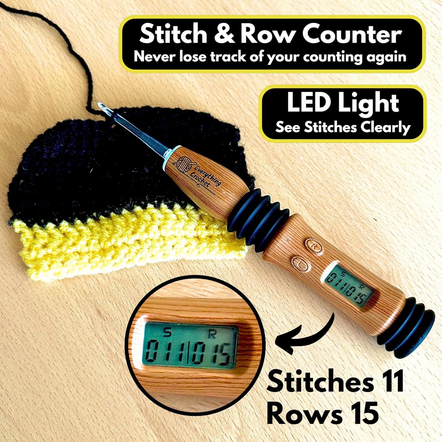 Everything Crochet Vintage Counting Crochet Hook Set with Light & Counter - Ergonomic for Arthritic Hands - Light up, Digital Stitch & Row Counter - 17 Size Interchangeable Hooks Kit - Cool Gift