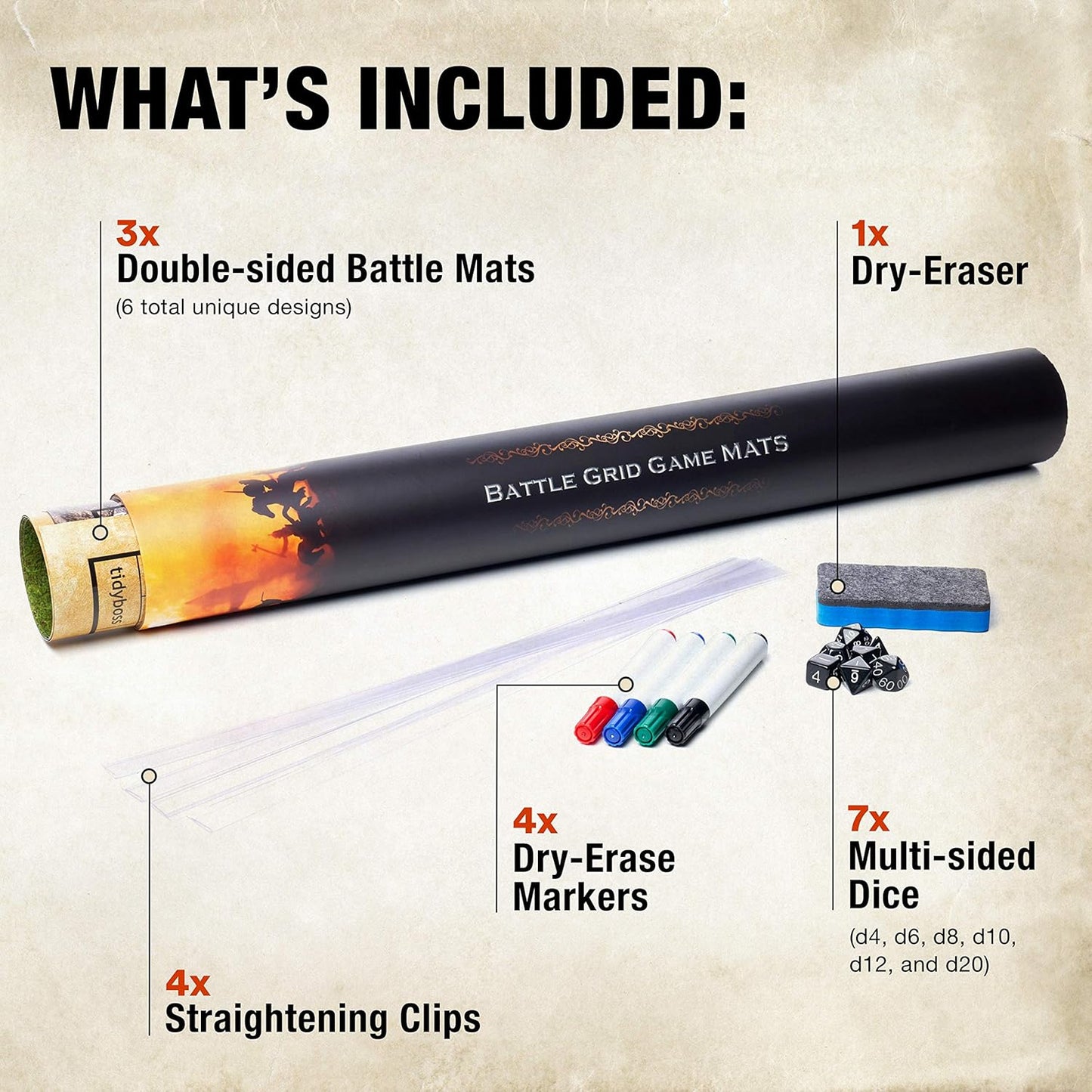 Tidyboss DND Starter Set | 3 X Double Sides 24x 36 Game Grid Mat | 6 Terrains Includes Dry Erase Markers, Eraser, Dice and Clips