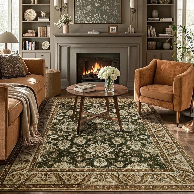 Area Rugs for Living Room, Washable 5x7 Area Rug for Bedroom, Retro Floral by Rtizon
