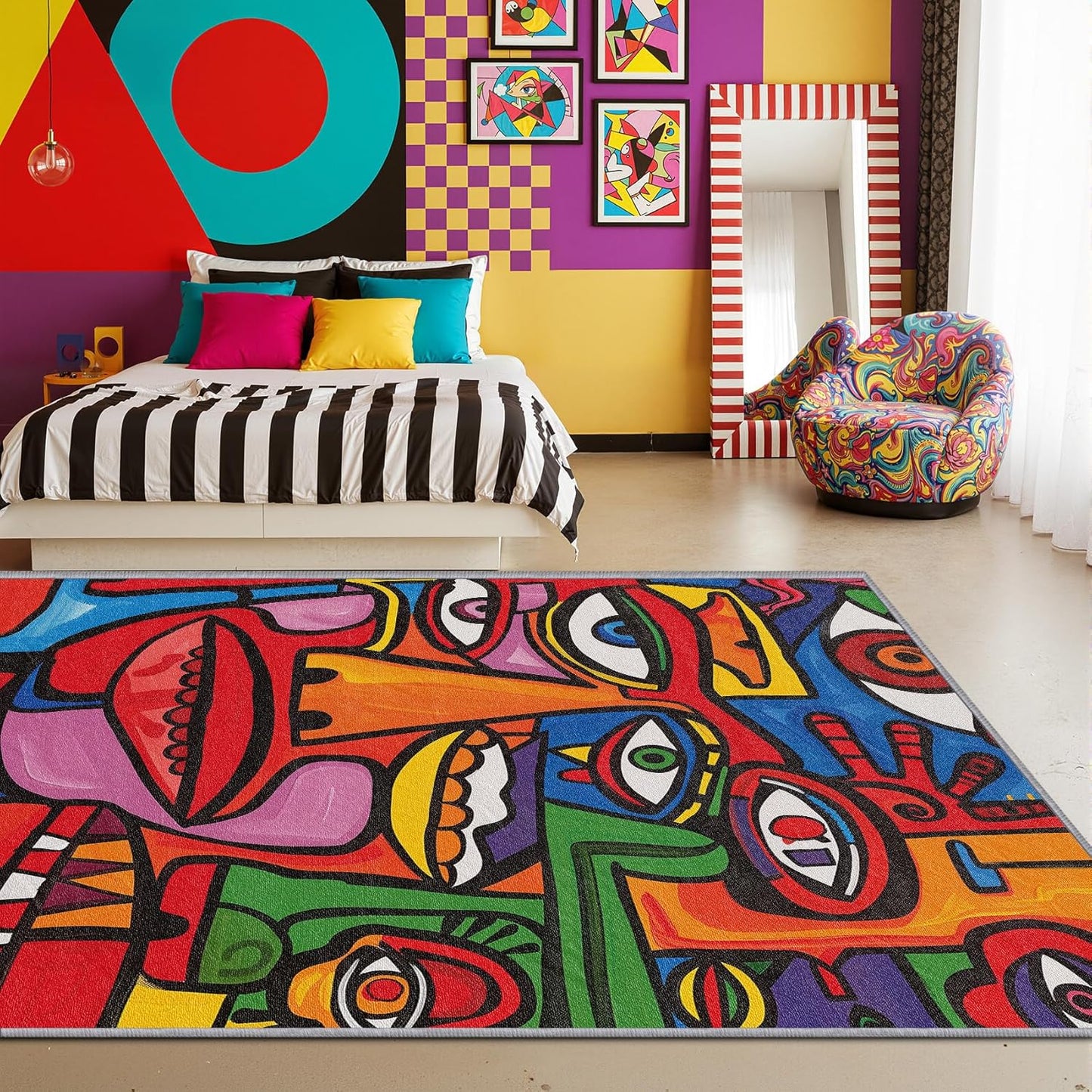 Colorful Rug - 8x10 Rug, Abstract Area Rugs,Pop Art Graffiti Multicolor Non Slip Shed Resistant Extra Large Carpets Home Decor
