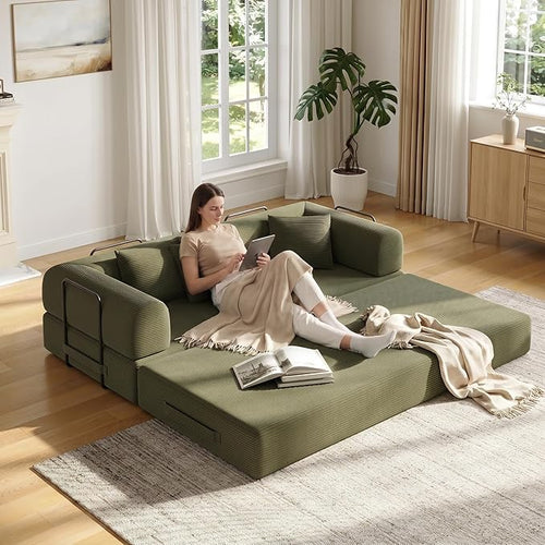 79in Convertible Sofa Bed, Corduroy Boneless Couch Bed, Futon Sleeper Sofa Pull by Unknown