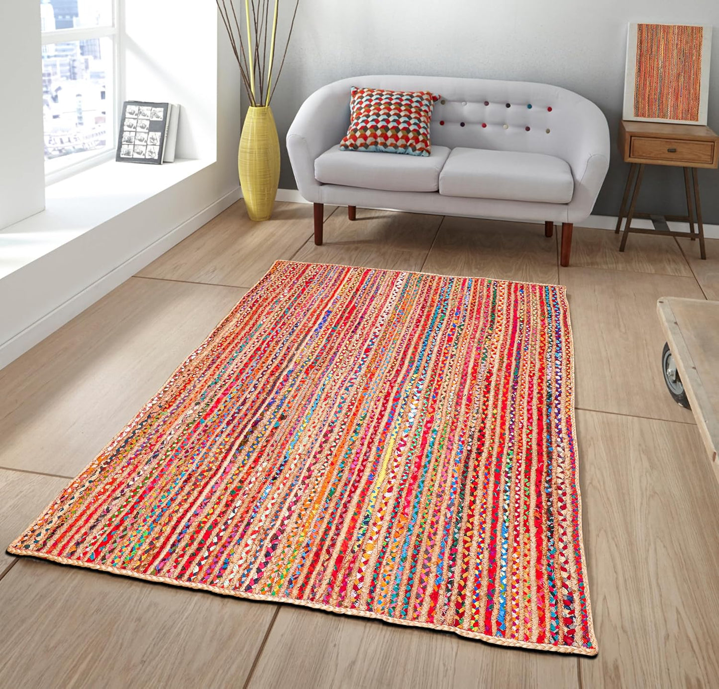 3'x5' Handwoven Jute Chindi Area Rug - Colorful Boho Rugs for Living Room - Hand Braided Multicolor Bohemian Rug for Farmhouse, Bedroom, Dining Room, Classroom, Hallway, Kitchen, Office