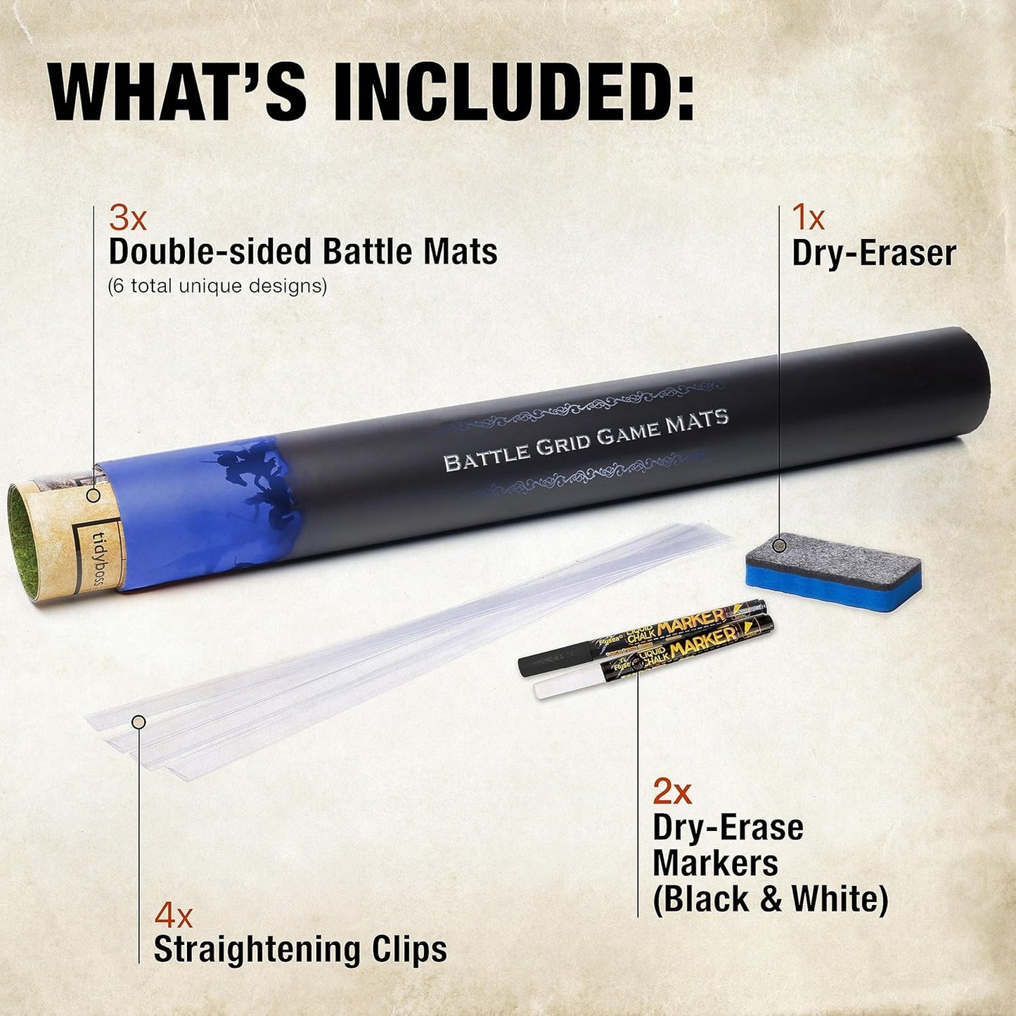 Tidyboss DND Expansion Pack | 3 X Double Sides 24x 36 Game Grid Mat | 6 Terrains with Lava, Sea, Forest, Cave, Swamp and Desert | Includes 2 x Dry Erase Markers, Eraser and Clips