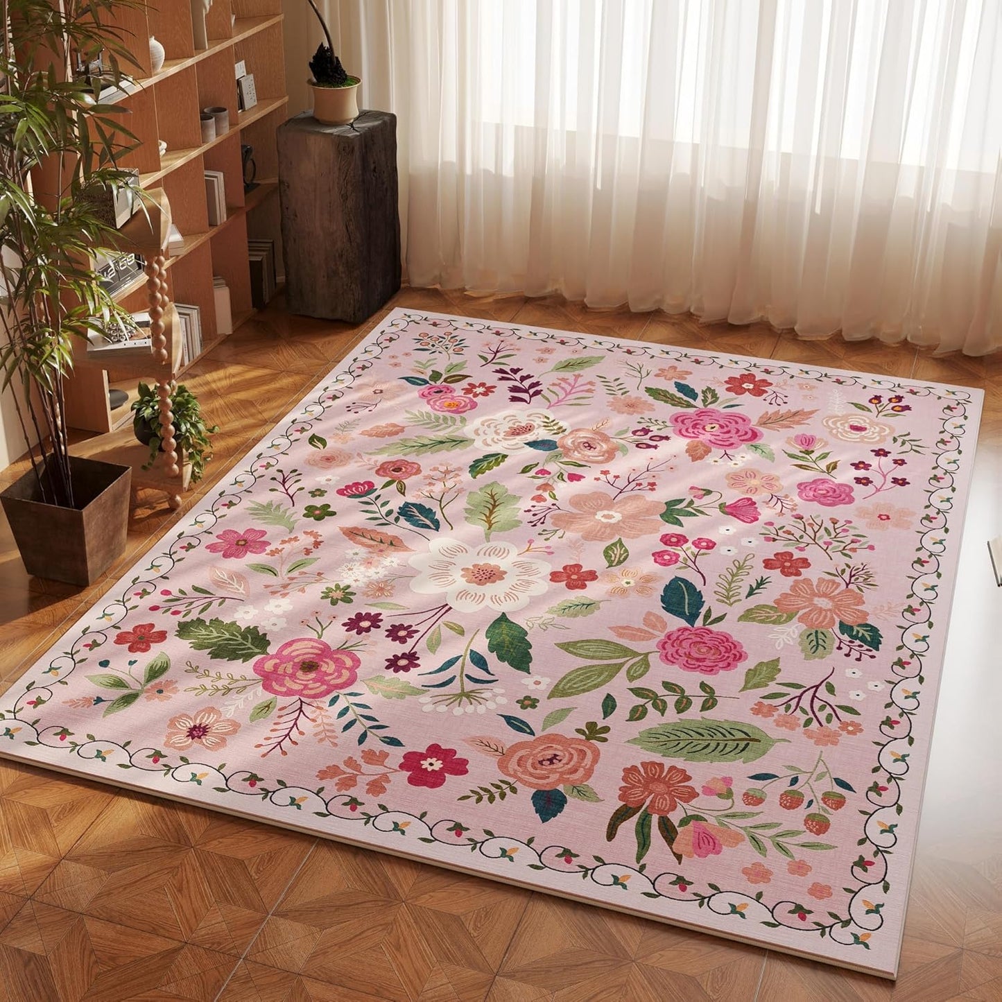 Rugcomf Area Rug 4x6 Rug Washable Boho Rugs Non Slip Low Pile Floral Small Carpet for Bedroom, Bedside, Kids Room, Office, Dining Room(Pink)