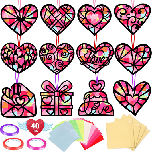 Renbuzhu 40PCS Valentines Day Crafts: Paper Heart Suncatchers, Valentine's Classroom DIY Kits, Window Stained Glass Effect Art Supplies