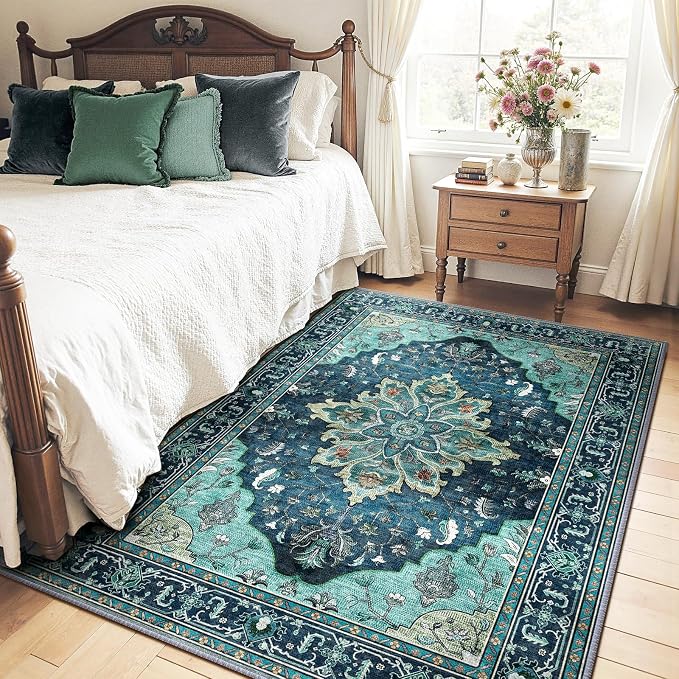 RELEANY Area Rugs 4'x5' Washable Non-Slip, Floral Vintage Distress Print by RELEANY
