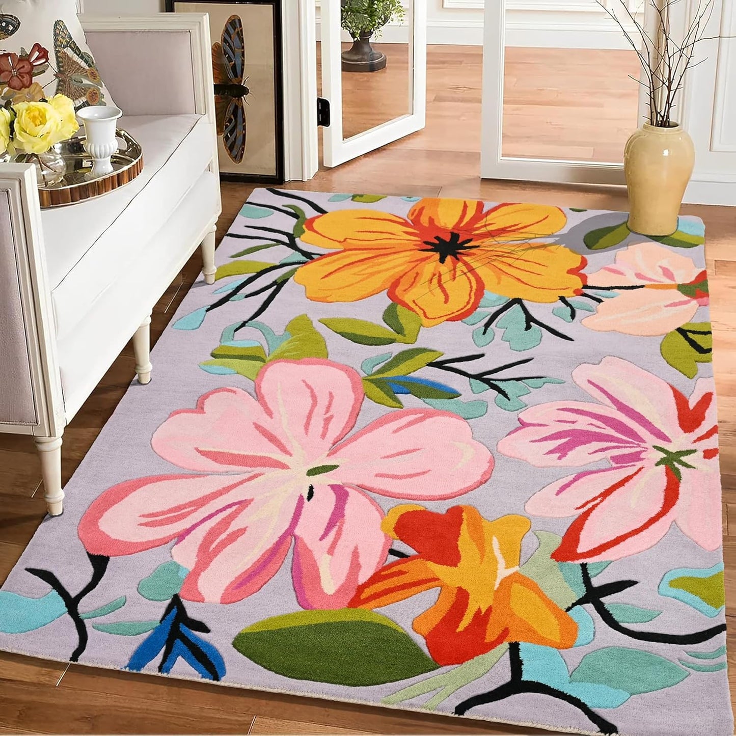 Handmade Wool Floral Area Rug for Living Room | Elegant Flower Garden Design, Soft, Thick and Durable | Bedroom, Dining Room & Home Decor Carpet (4' x 6', Floral K)