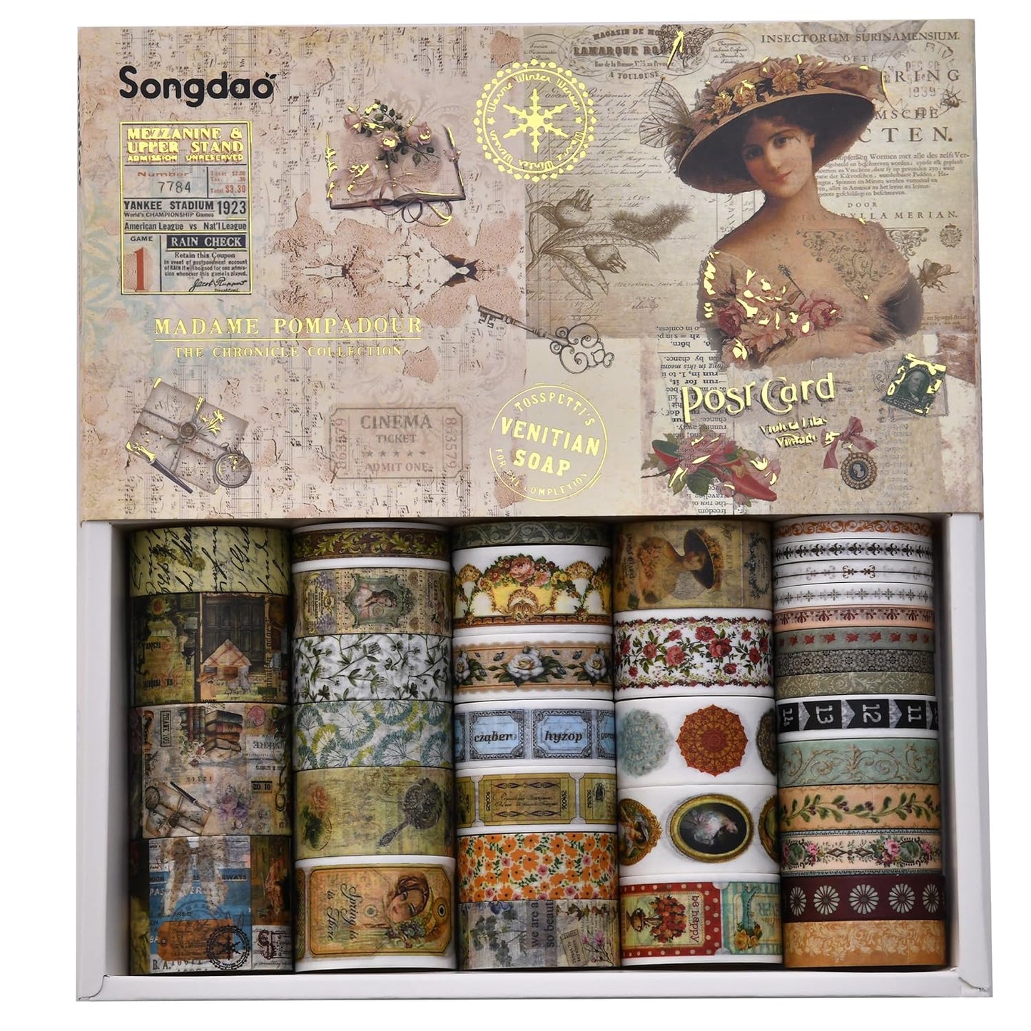36 Rolls Vintage Washi Tape Pack Retro Arts Adhesive Tapes Wide Chronicle Decorative Masking Tape Sets for Craft, Kids, Scrapbook, DIY, Gift Wrapping (Madame de Pompadour)