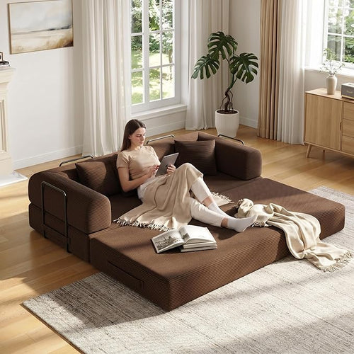 79in Convertible Sofa Bed, Corduroy Boneless Couch Bed, Futon Sleeper Sofa Pull by Unknown