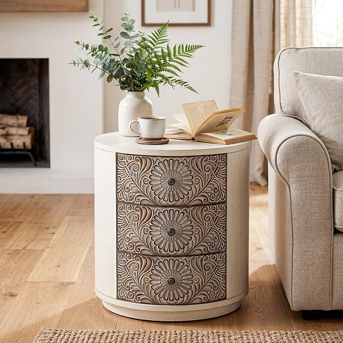 HOMPUS Round End Table with Carved Floral Pattern, Vintage Nightstand w 3 - Image 3