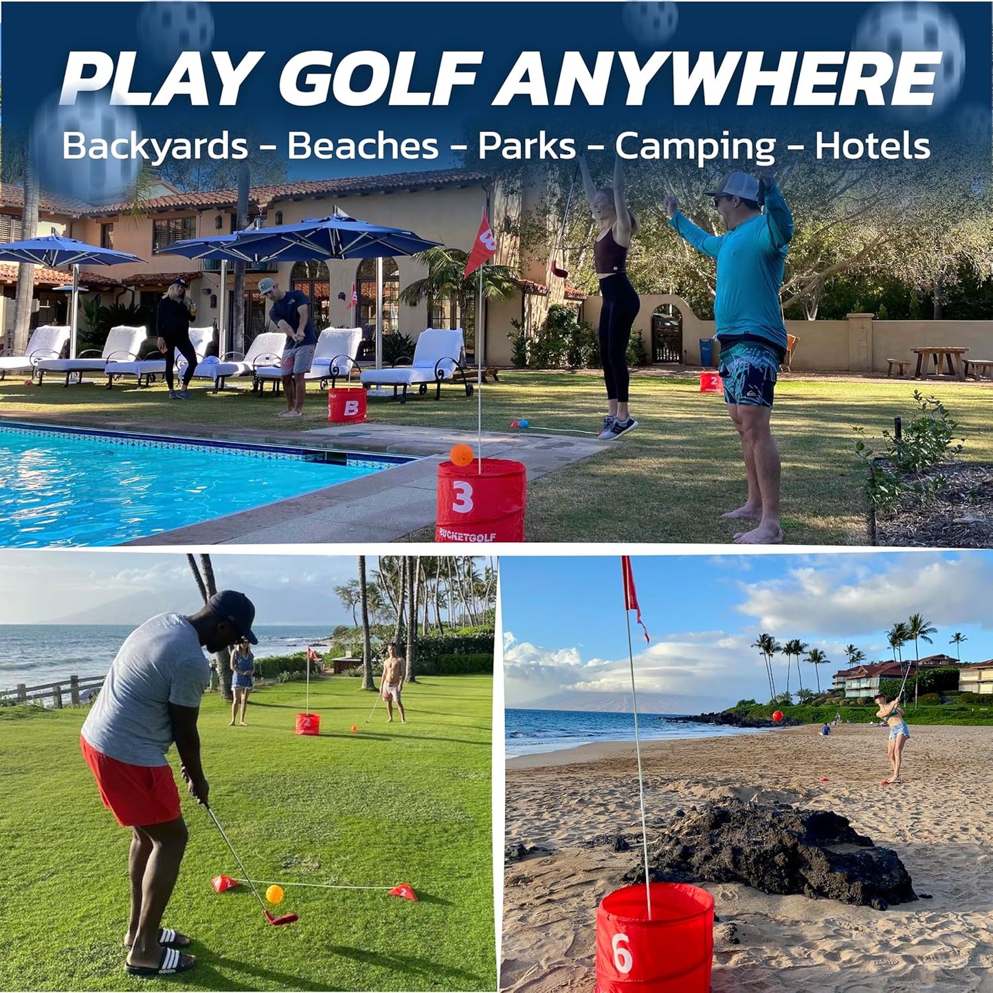 bucketgolf Game 6 Hole Bundle with Clubs - The Best Backyard Golf Game for All Ages and Levels Adults, Kids, Families, Schools, Yards, Parks, Beaches, Vacation. (4 Clubs (3 RH + 1 LH))
