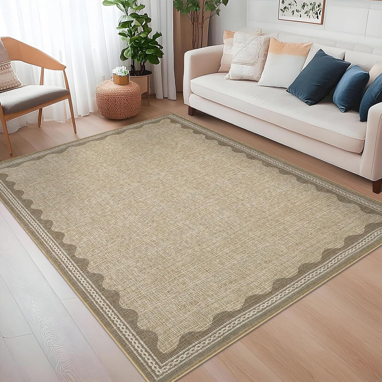 Scalloped Washable Rug 5x7 Area Rugs for Living Room, Solid Tan Rug for Bedroom Girls, Non Slip Scalloped Throw Mat with Rubber Back, Soft Dorm Nursery Low Pile Carpet for Dining Room