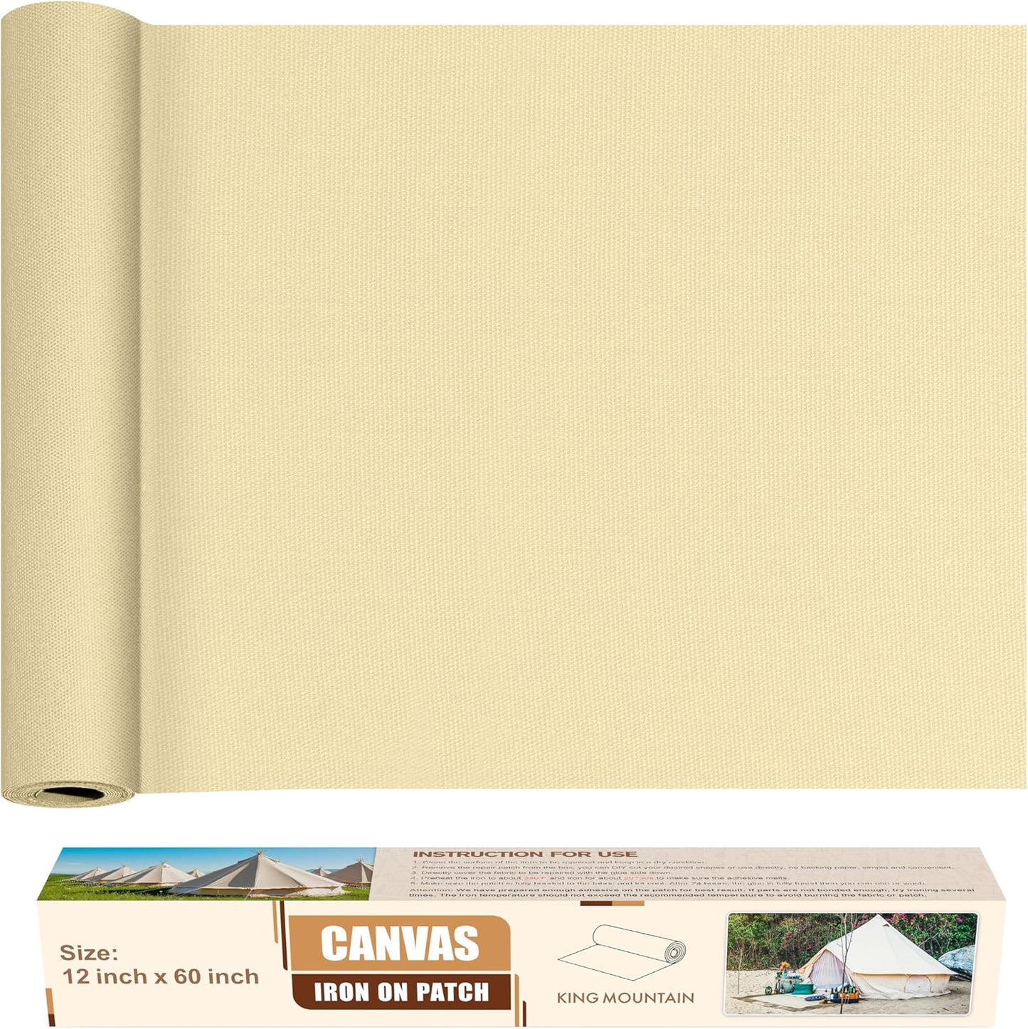 KING MOUNTAIN Canvas Iron on Patch,12"×60",Waterproof 100% Cotton Fabric Repair Patch,Used for Various Sofa,Tent,Clothes,Seats,Suitcases (Beige3.0,Waterproof)