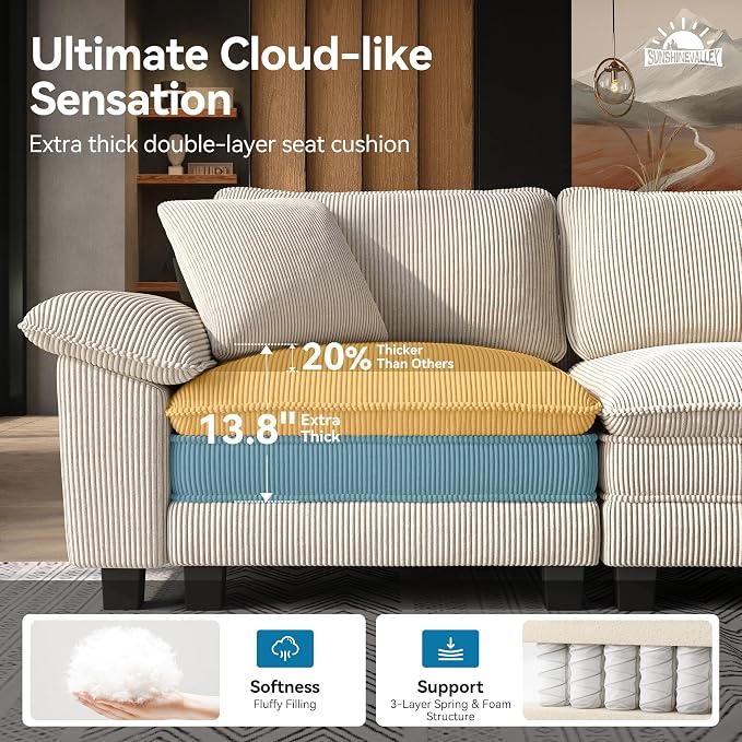 SUNSHINE VALLEY 3 Piece Living Room Sofa Furniture Set, Corduroy Modular 2 - Image 3