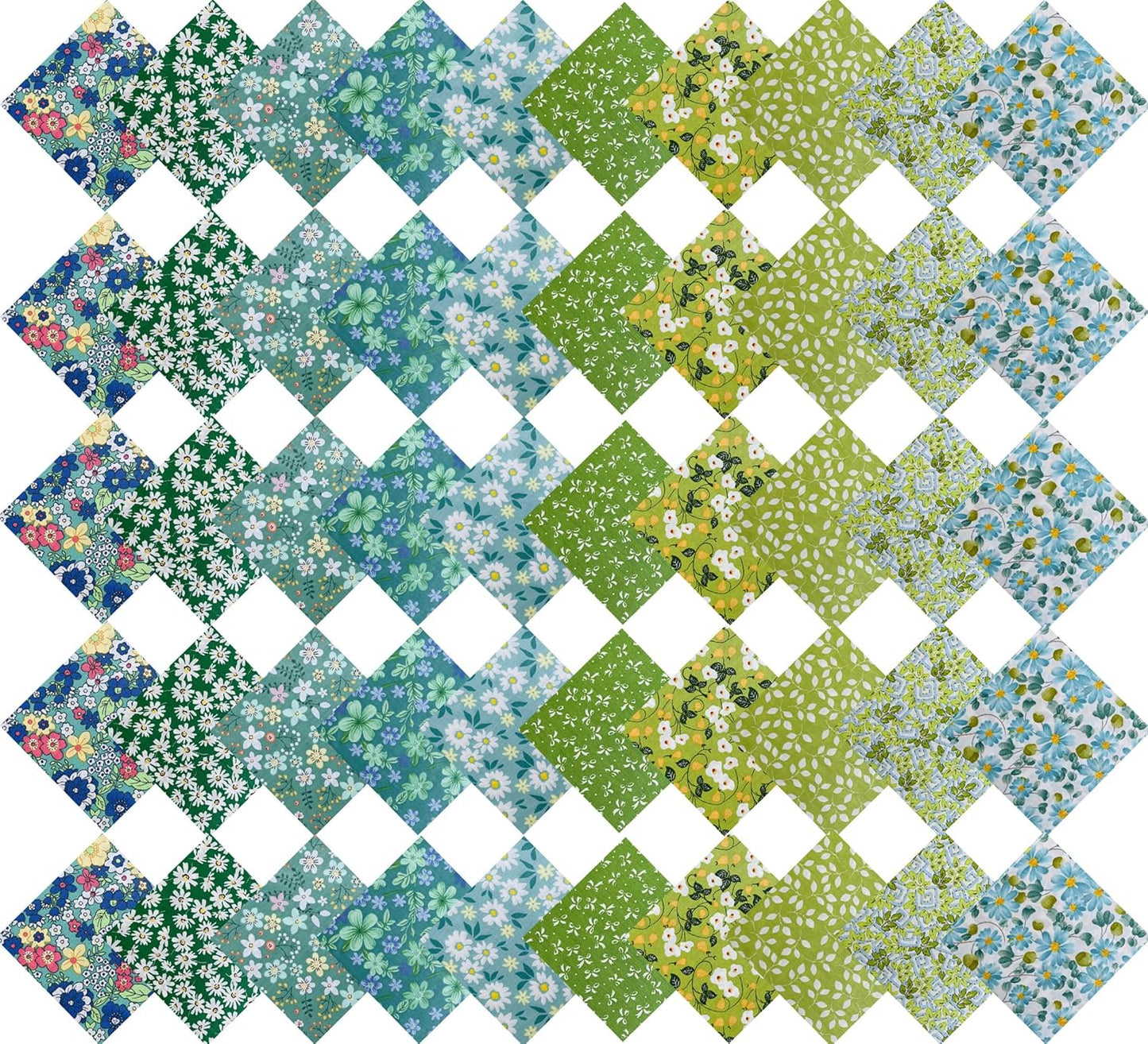 HANPATQUI 50PCS 5 x 5 inch Green Printed 100% Cotton Fat Quarters Fabric for Sewing and Quilting Bundles Precut Fabric Square for DIY Craft Patchwork