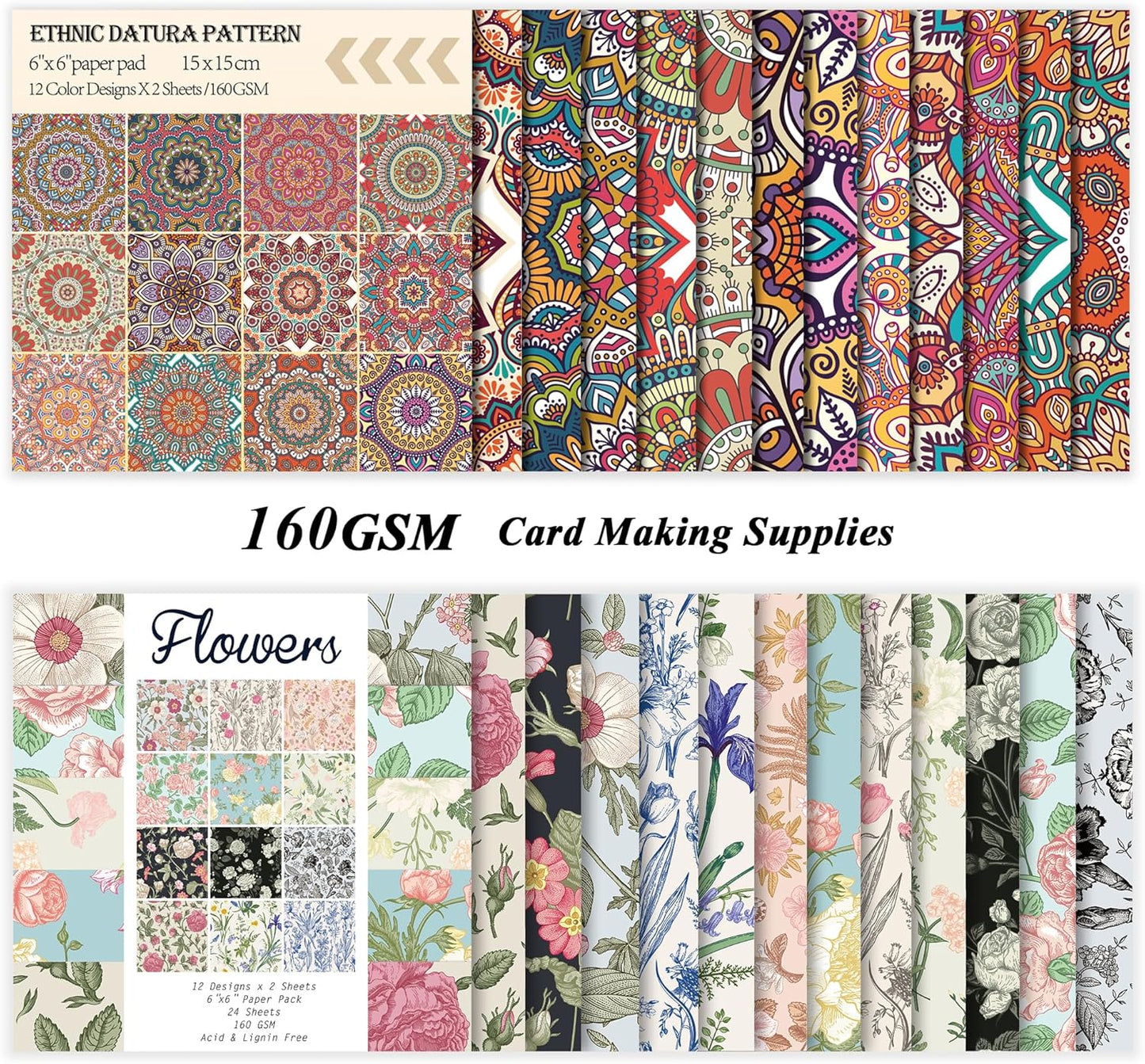 48 Sheets 24 Designs Scrapbook Paper Pad, 6"×6" Single-Sided Decopodge Craft Cardstock Paper,Scrapbooking DIY Decorative Background Cardmaking Supplies.Datura&Flowers