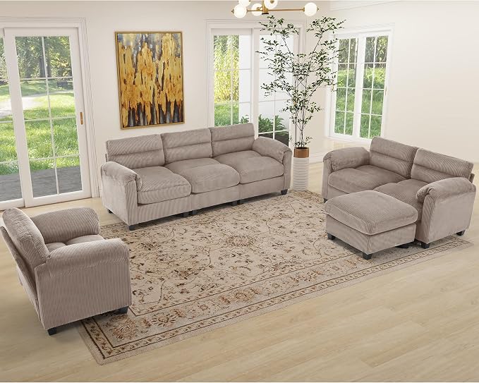 HAOMARKETS Corduroy Sofa Set, Upholstered Ottoman, and 3-Seater Couch - Image 7