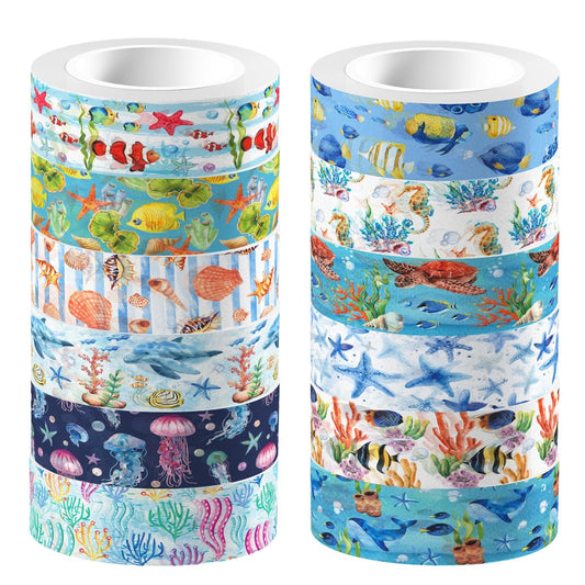 Ocean Washi Tape Set 12 Rolls,Decorative Tape Washi Tape,Tropical Style Sea Animals Ocean Party Decorative Tape Sticker for Scrapbook Journal DIY Art Crafts Gift Wrapping