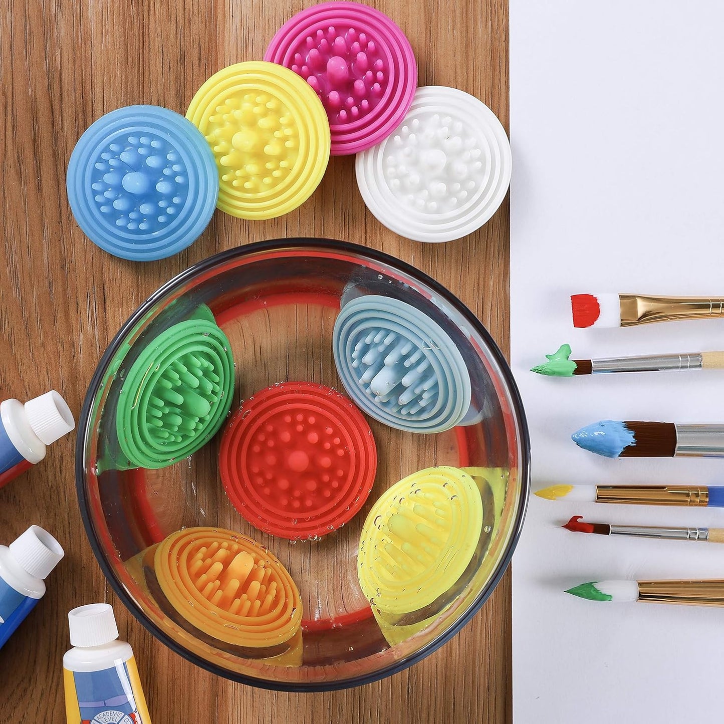 Paint Puck Paint Brush Cleaner (3-Pack, Green) – Reusable Silicone Insert with Suction & Nubs for Cleaning Acrylic, Oil & Watercolor Brushes – Fits Cups for Classroom, Studio & Home Use