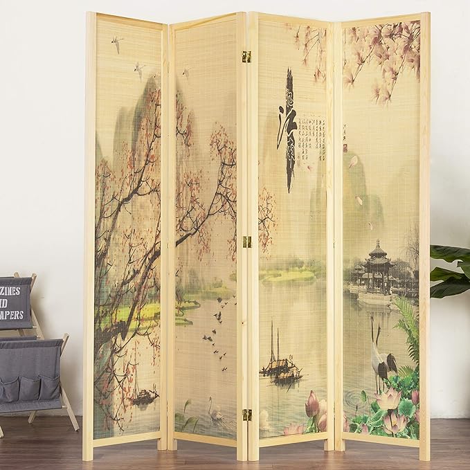 MyGift 4-Panel Folding Bamboo Room Divider Asian-Inspired Cherry Blossom Scene - Image 4