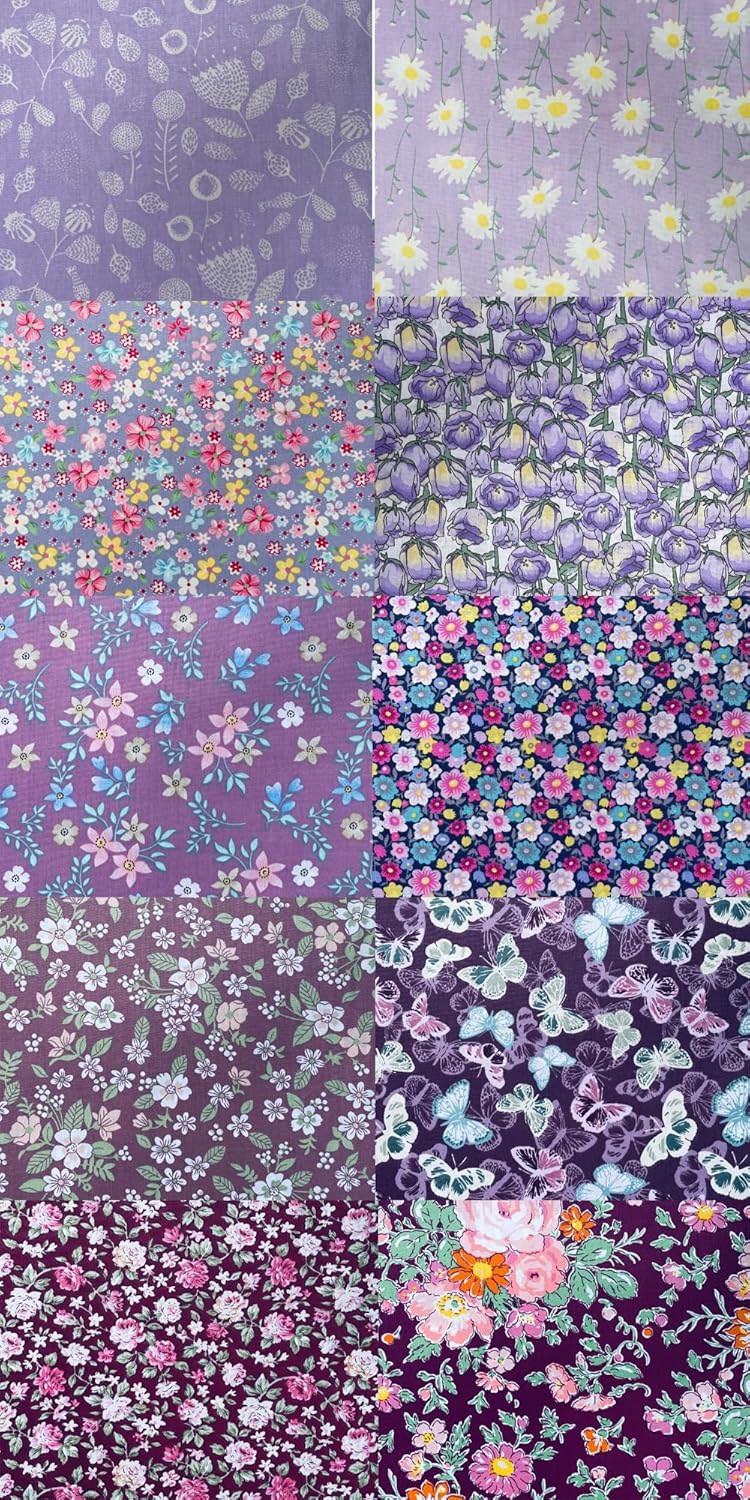 HANPATQUI 50PCS 5 x 5 inch Purple Printed 100% Cotton Fat Quarters Fabric for Sewing and Quilting Bundles Precut Fabric Square for DIY Craft Patchwork
