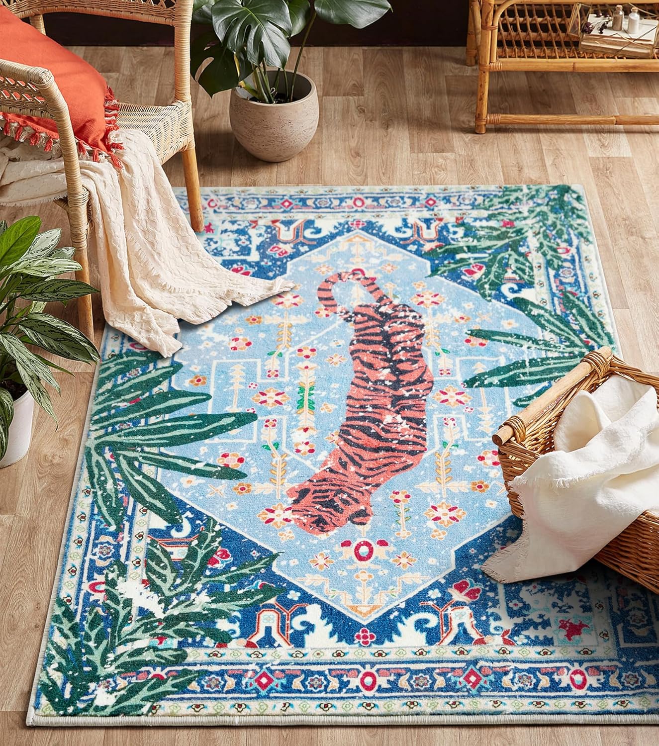Washable Blue Rugs Thin Oriental Boho Vintage Tropical Jungle 6x9 Area Rugs for Bedroom Kitchen Dining Living Room Office Distressed Indoor Plant Entry Carpet