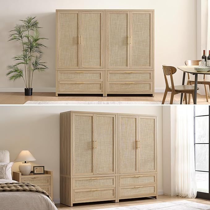 SICOTAS Rattan Armoire Wardrobe Closet Cabinet, and Hanging Rod, Boho - Image 8