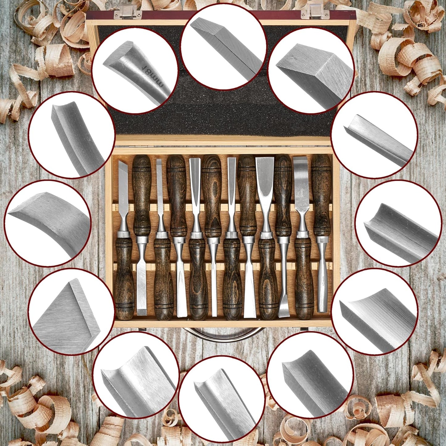 SELFIE CAT 12 Piece Wood Chisel Set for Woodworking Tools Wood Carving Tools with Wooden Case Wood Carving Kit for Beginners and Professionals Black Walnut