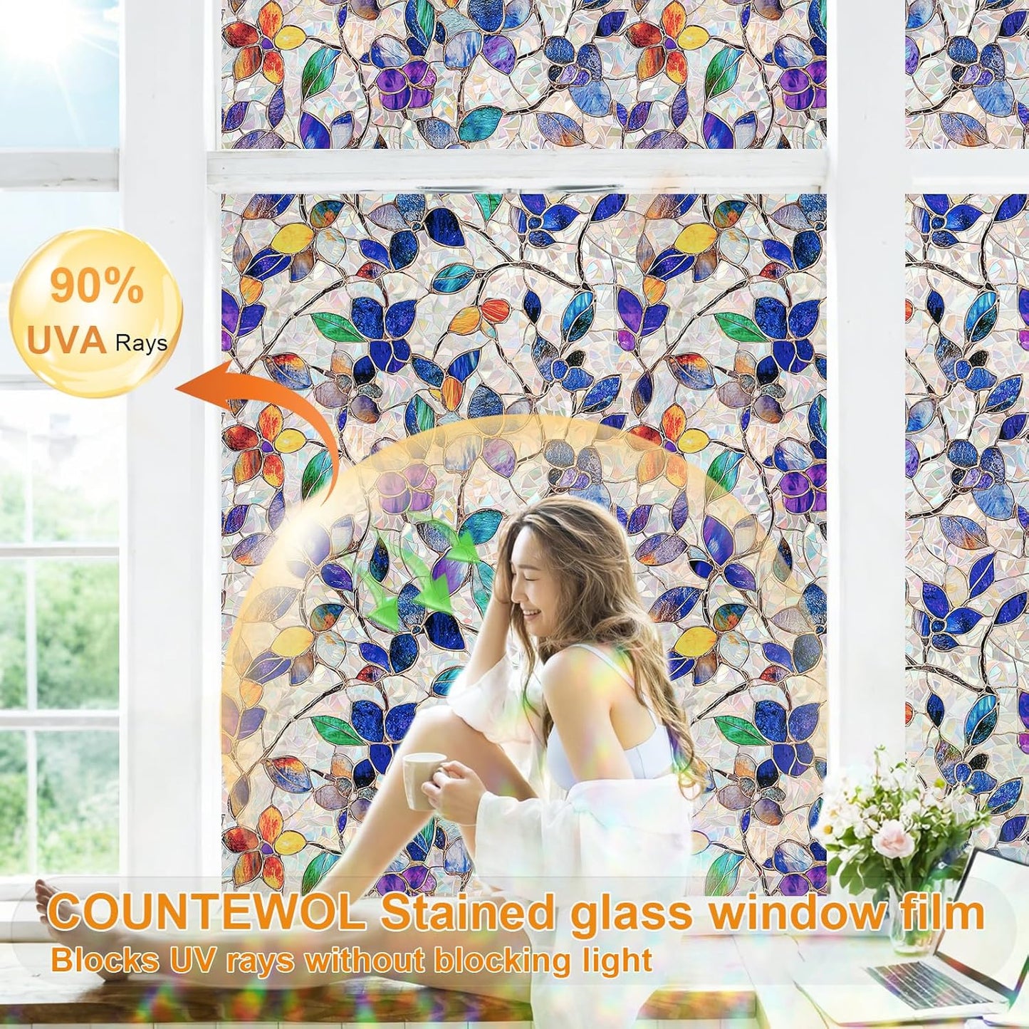 Window Privacy Film Stain Glass Window Film Rainbow Window Film Window clings Non-Adhesive Reusable Decorative for Room (Stained Leaf, 23.6 x 78.7 in)