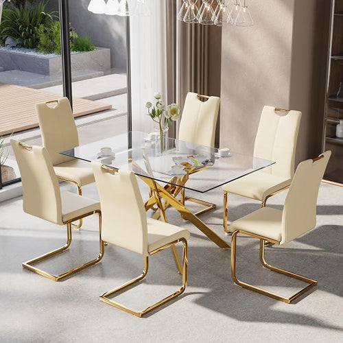 7-Piece Dining Table Set for 6, Modern Rectangular Glass Table by KATBOCFurniture