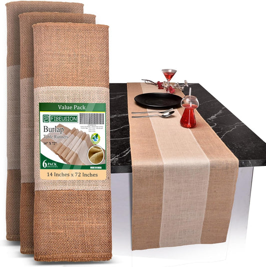 Burlap Table Runners (Pack of 6) – 14”x 72” - No-Fray Finished Edge Burlap Runner – No Odor Farmhouse Style White Stripe on Natural Table Runner - Perfect for Christmas, Wedding, Thanksgiving