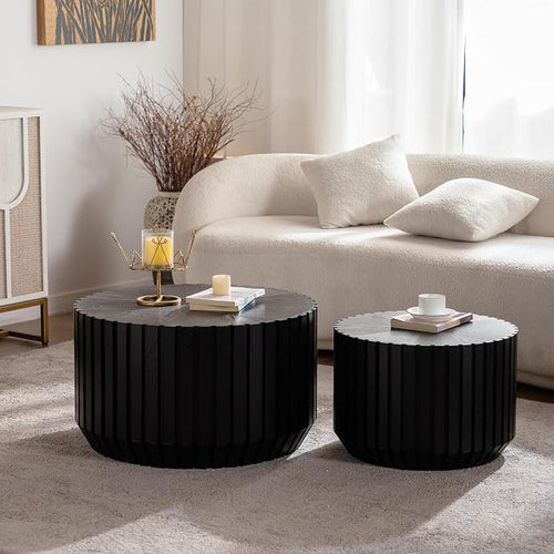 46.46'' Black Round Nesting Coffee Table Set of 2, Modern Circle Fluted Drum by JJKFurniture-kevinplus