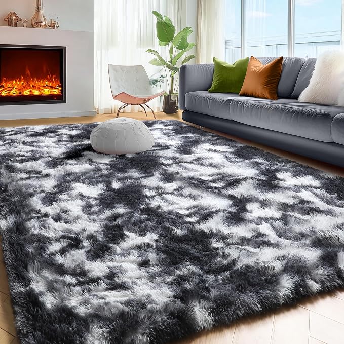 PAGISOFE Black White Grey Rugs for Living Room 5x8, Shag Fuzzy Fluffy - Image 3