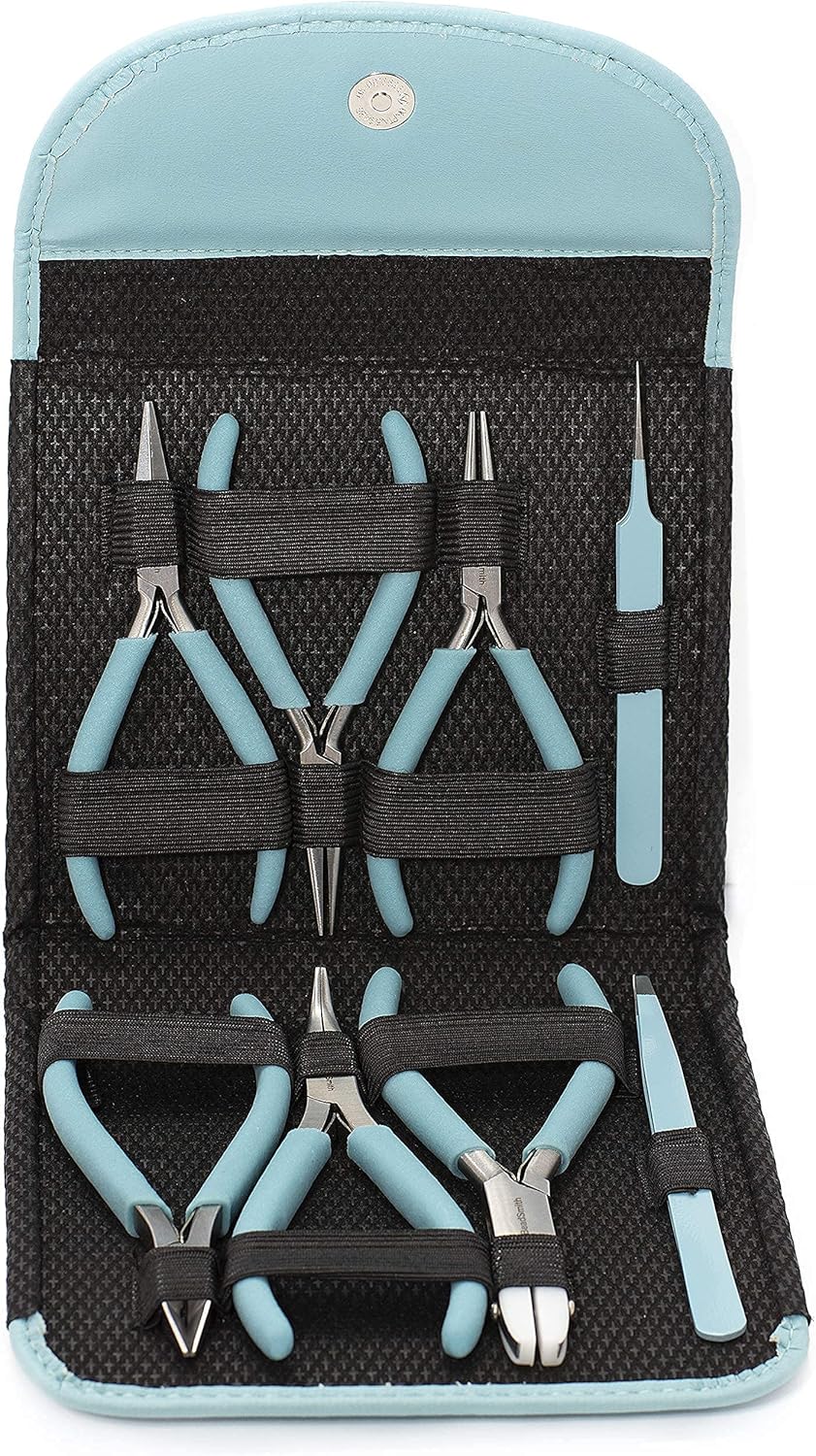 The Beadsmith Fashion Color Pliers – Set of 8 Slimline Color-Coordinated Tools – Matching Clutch in Light Blue – Jewelry Making Supply Kit to Create Necklaces, Bracelets, Earrings & More