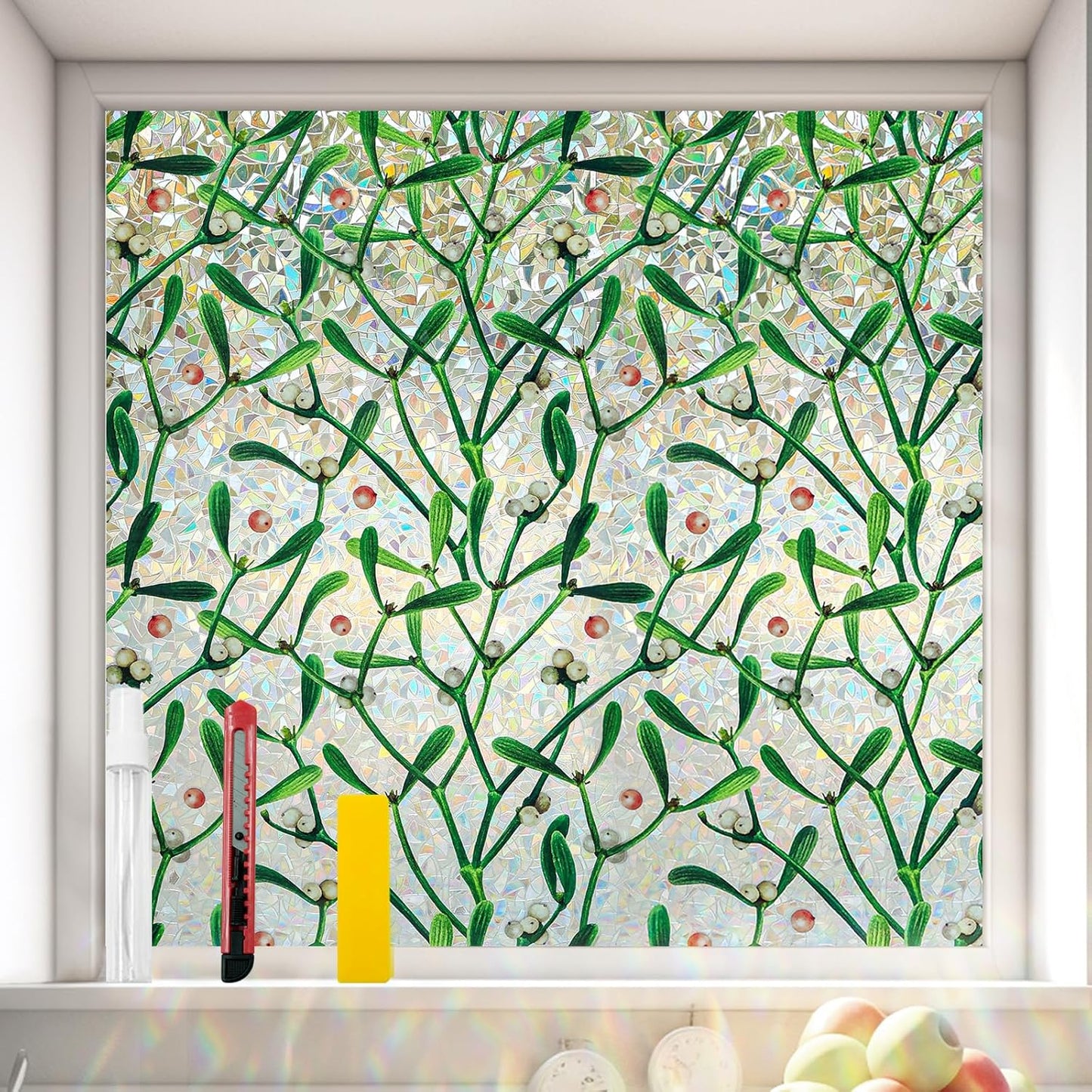 Window Privacy Film Stain Glass Window Film Rainbow Window Film Window clings Non-Adhesive Reusable Decorative for Room (Mistletoe Rainbow, 17.5 x 157.4 in)