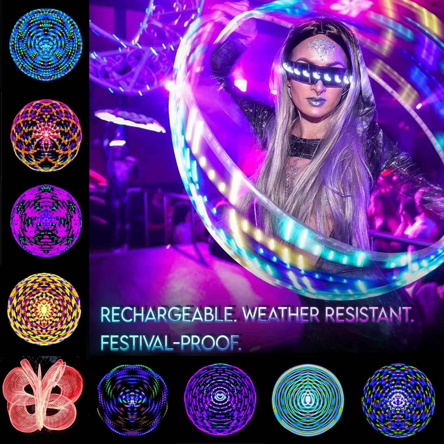 UltraHoop Remote LED Hoop - Wireless Control 60 Color Changing LED Lights w/ 300+ Modes & Patterns - Rechargeable Battery, HDPE Collapsible, Advanced to Beginner Hoola Hoops - 28” x 5/8" OD - UltraPoi
